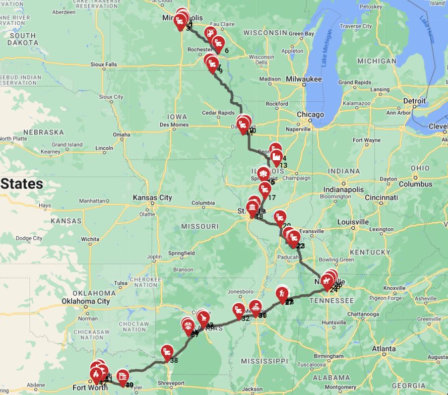 RV route plan for a motorhome trip from Minneapolis to Dallas